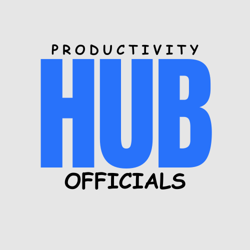 The image displays the text "PRODUCTIVITY HUB OFFICIALS" in a bold, sans-serif font. The word "HUB" is rendered in large, overlapping blue letters, with the other text in black. The design has a minimalist and straightforward style, likely representing a productivity-focused organization or service.